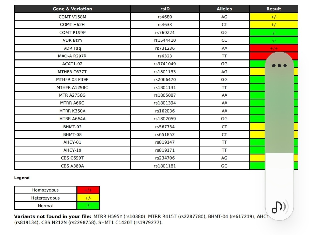 Here are my mutations: I ran my 23andme through genetic genie. I'm sulfur and histamine intolerant. Suffer from chronic gut problmes (SIBO, candida). Im on a very limited diet. Also possible MCAS