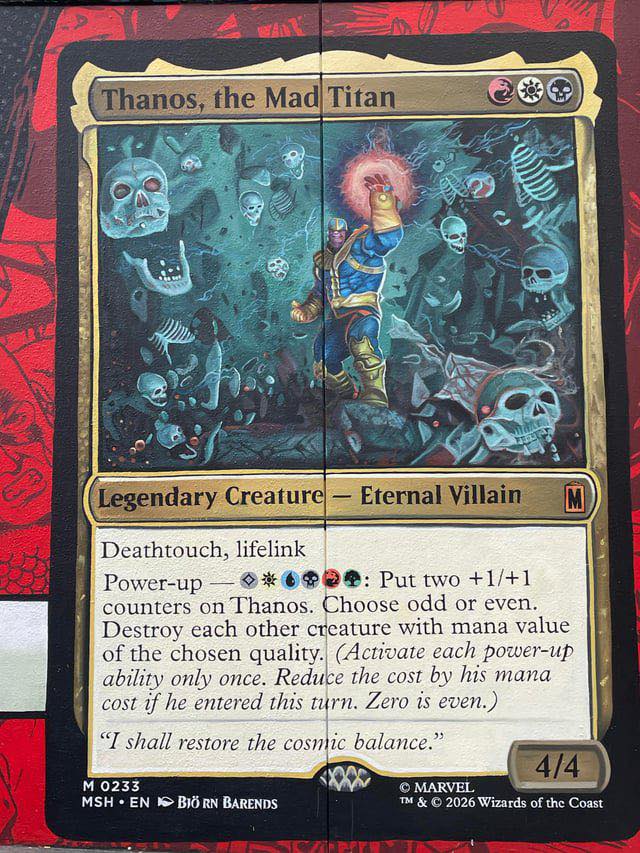 Thanos-themed Marvel MTG Swords to Plowshares distributed through