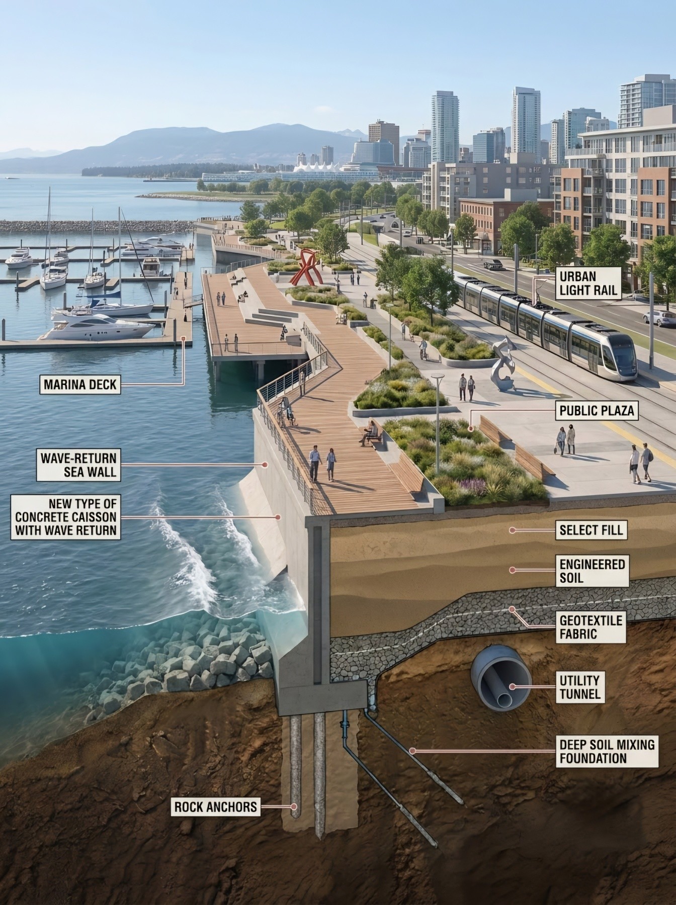 🏙️ Beneath the Promenade: The Anatomy of Modern Coastal Design 🌊🪵 ​From deep steel piles and wave return walls to terraced bioretention gardens—how we engineer the perfect balance between city and sea! 🏗️🌍