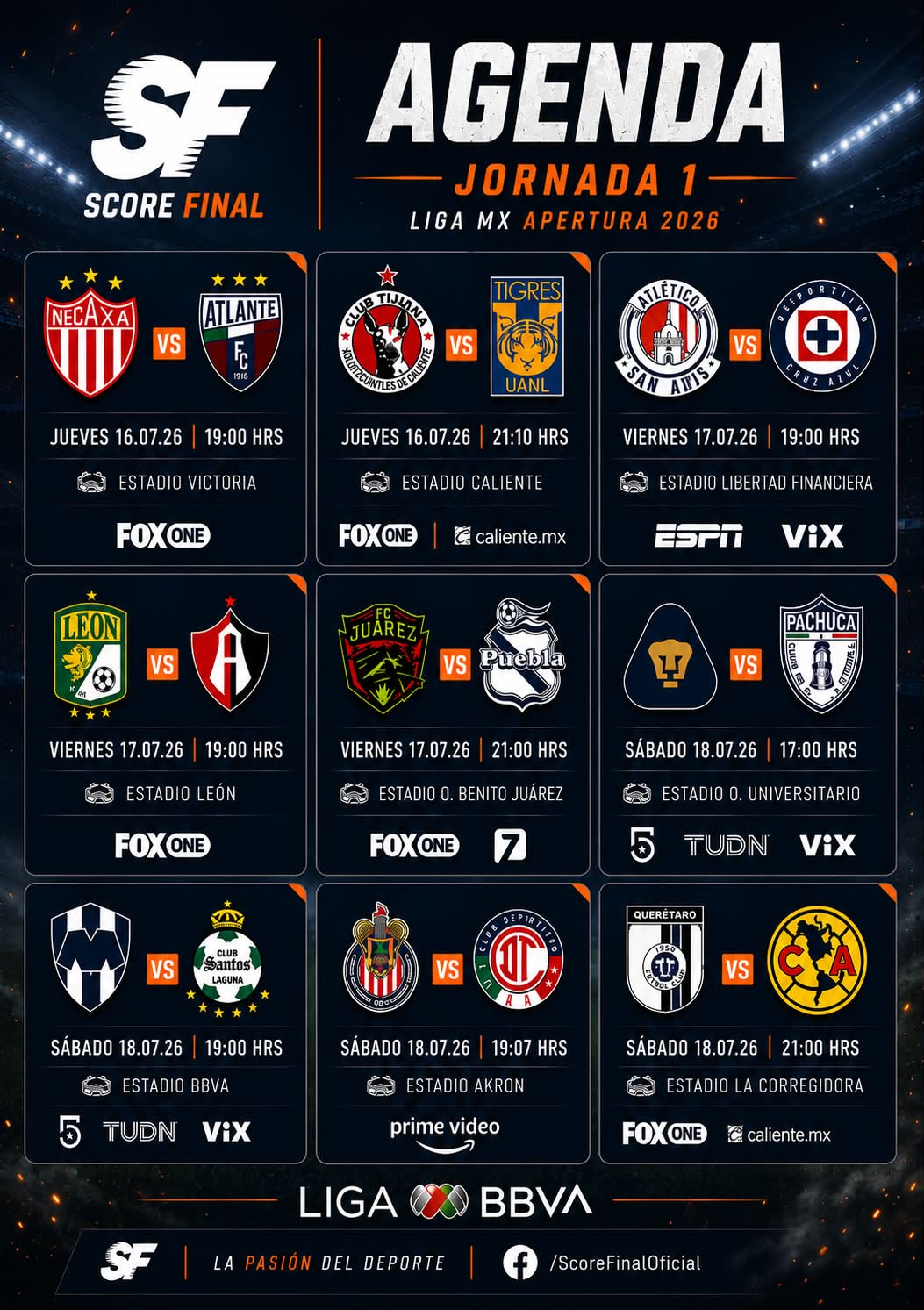 ✍️⚽ Esta será la programación de la Jornada 9️⃣ del Apertura 2026. 🇺🇸🌎