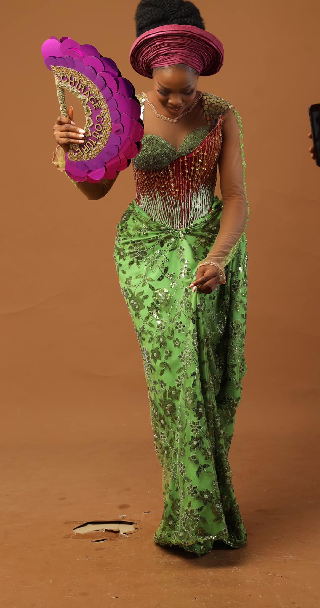 magenta green dress Queencess Chidiogo's stunning olive beaded Stretchy Dress