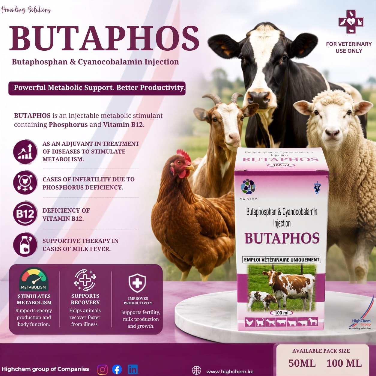 Every productive animal depends on efficient metabolism. BUTAPHOS® is an injectable metabolic stimulant formulated with Phosphorus and Vitamin B12 to support recovery, vitality, and overall performance in livestock. From supporting fertility and
