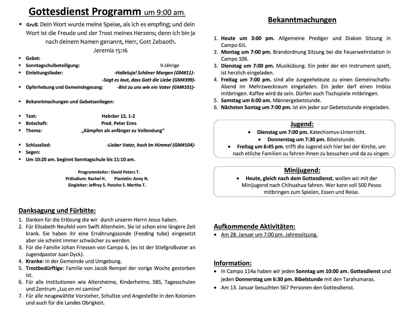 Informationsblatt Sonntag 20 Januar 2019 Mennoniten Gemeinde