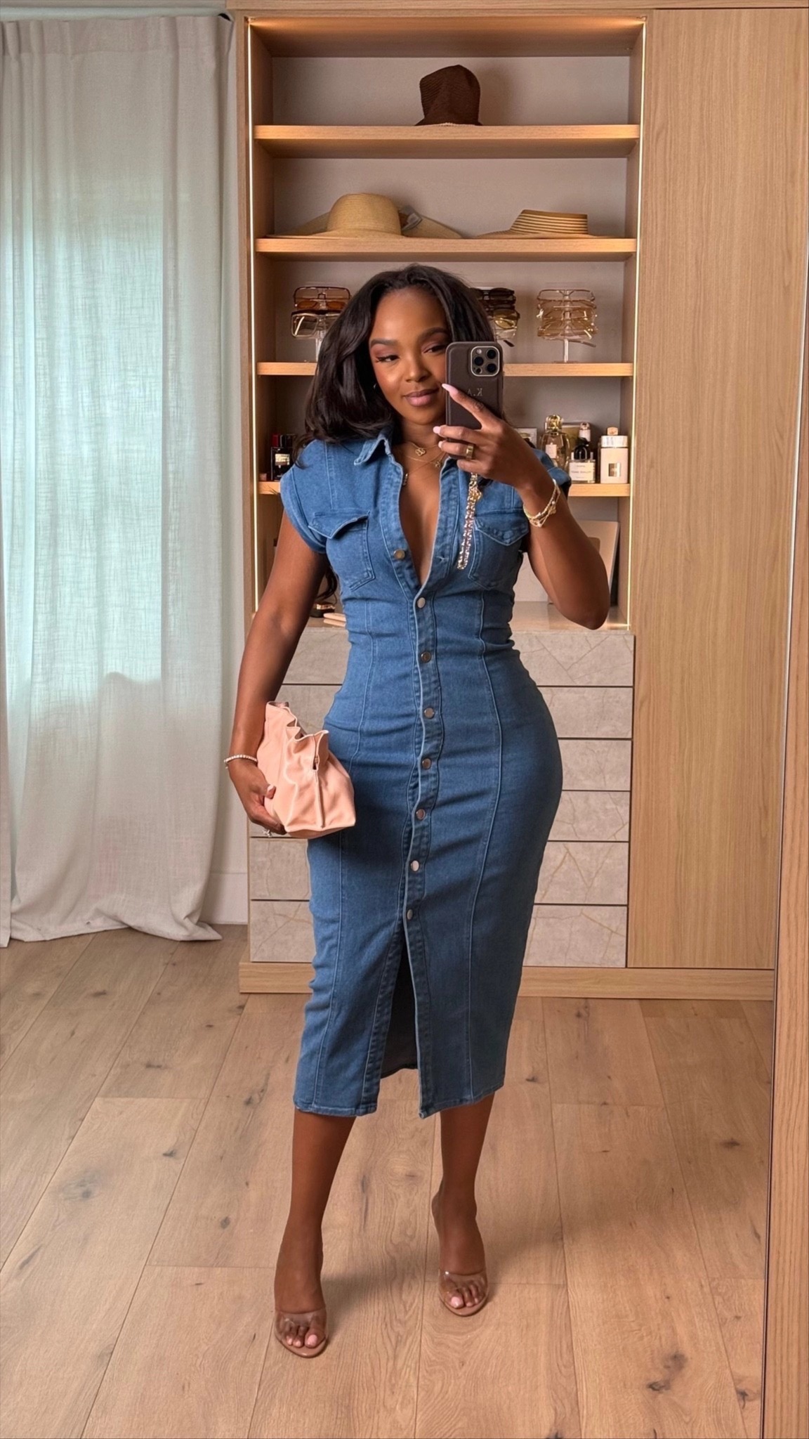 american apparel denim overall dress Blue Midi V Neck Denim Maxi Midi Length brand-For Love & Lemons Color:Light_Pink