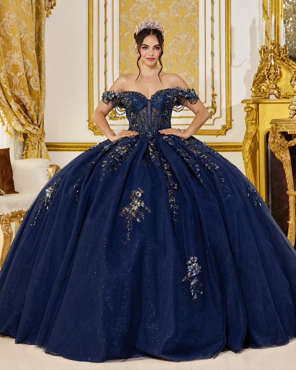 navy and gold evening dress blue quinceanera with appliques at Creaciones D'Lucy navy and gold