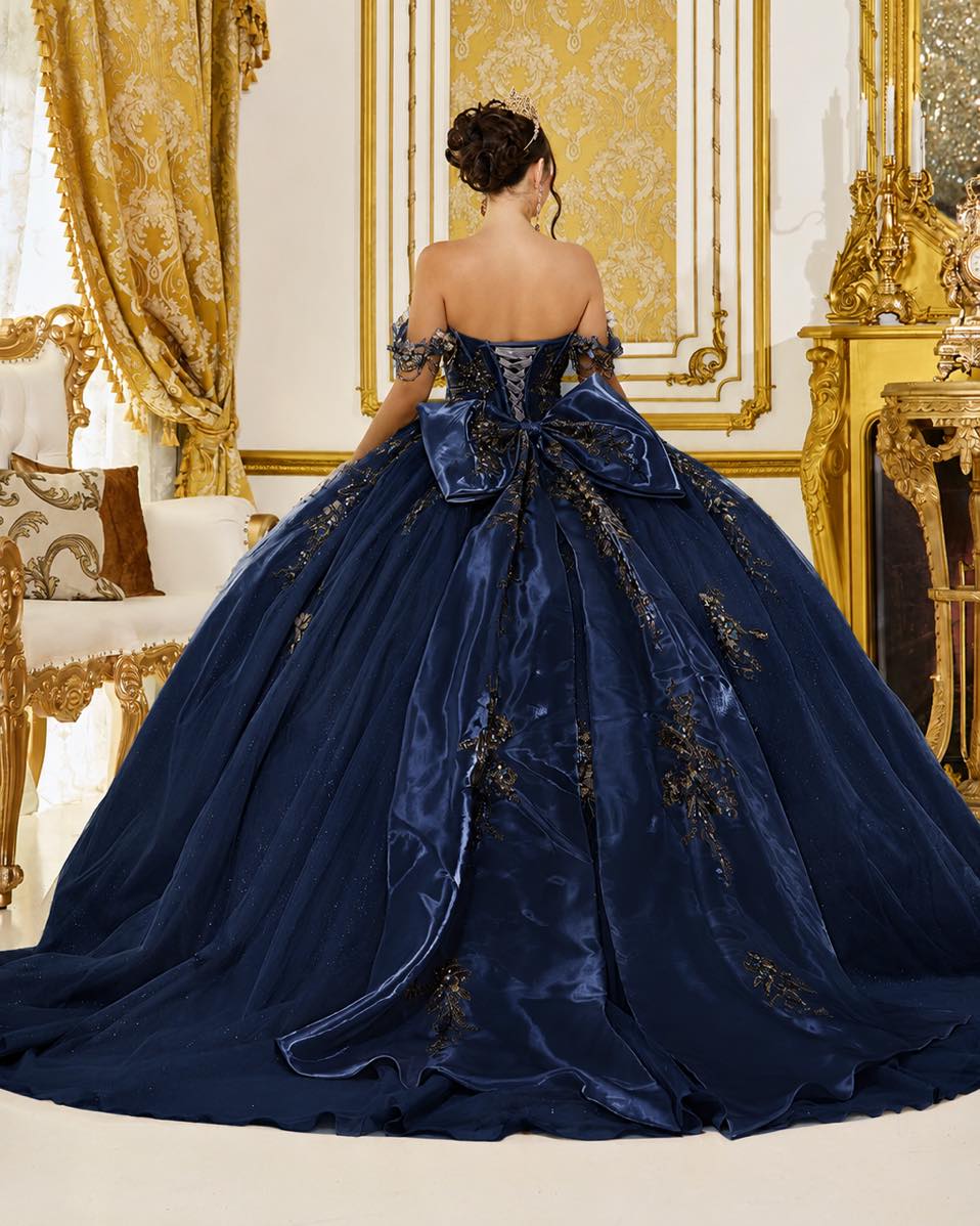 navy blue quinceañera dress quinceanera with gold appliques at Creaciones D'Lucy Dark