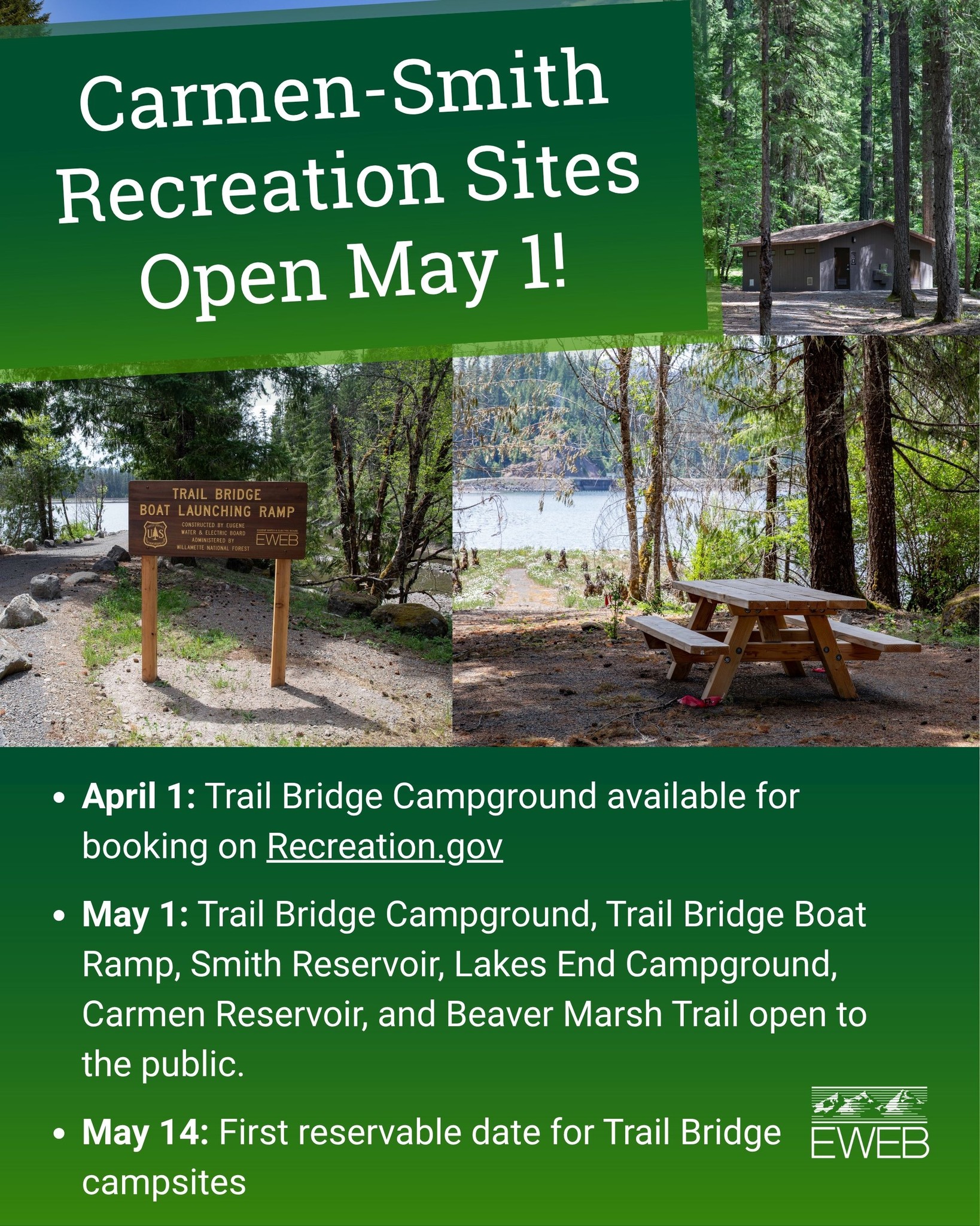 Mark your calendars! ?️ ?️The Carmen-Smith recreation sites on 