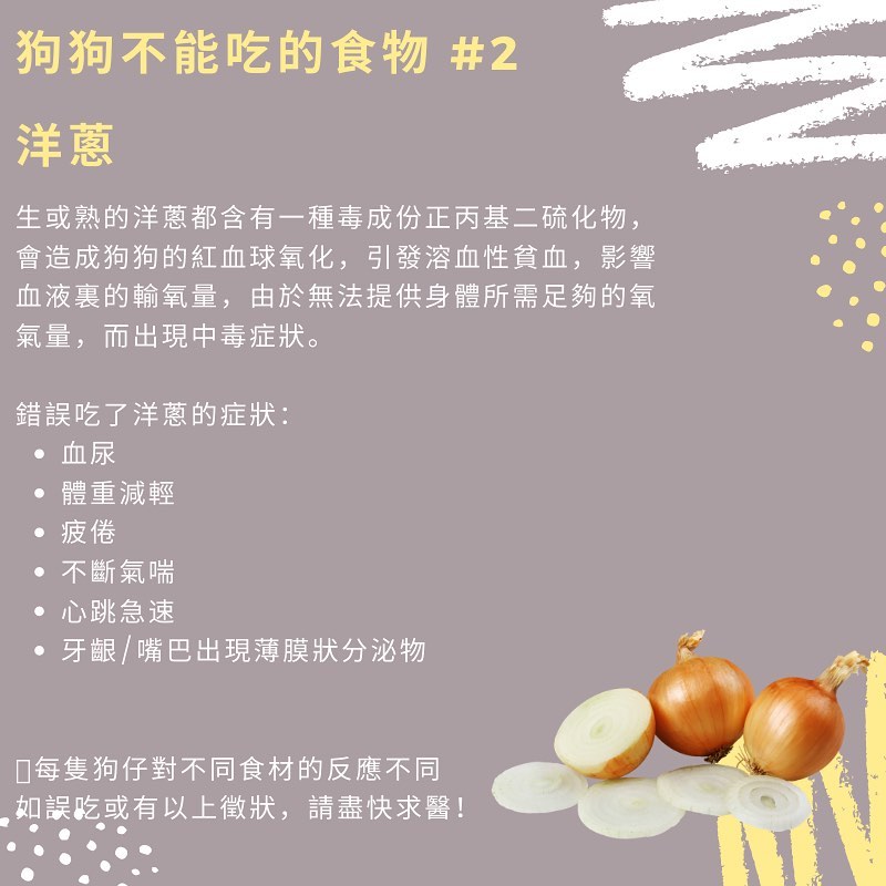 Pawty Squad 毛印派 狗狗不能吃的食物 2洋蔥作為毛孩家長一定要清楚狗狗的飲食習慣 清楚有什麼可以食 有甚麼吾食得 或者可以食但不可過量 毛印派幫你整合獸醫 營養師資訊 更多關於毛孩資訊陸續有嚟 鮮食食譜