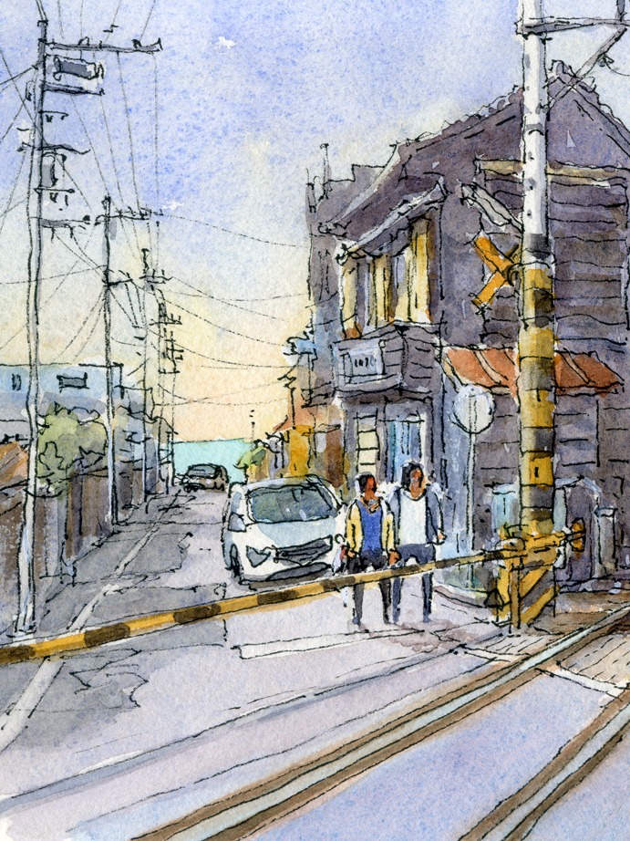 江ノ電百景 Katsuaki - 江ノ電水彩画「アジサイ・鎌倉御霊神社前