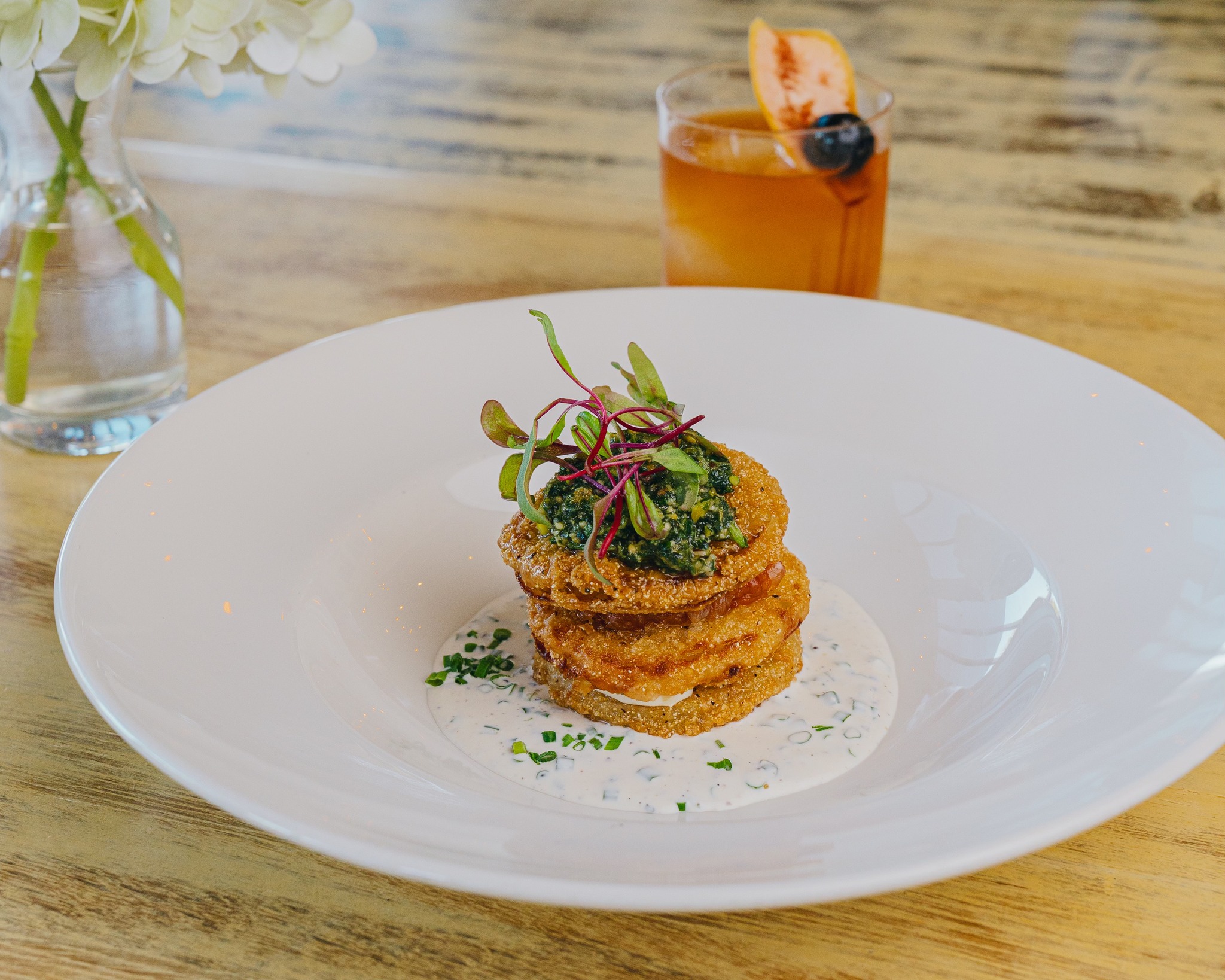 fried green tomato salad with buttermilk dressing Crispy, creamy, and downright Southern. Try our new Tomatoes — housemade ranch, basil pesto, mozzarella, and jam. On both brunch + dinner menus! Happy Hour: Thursday & dark green quincess dress