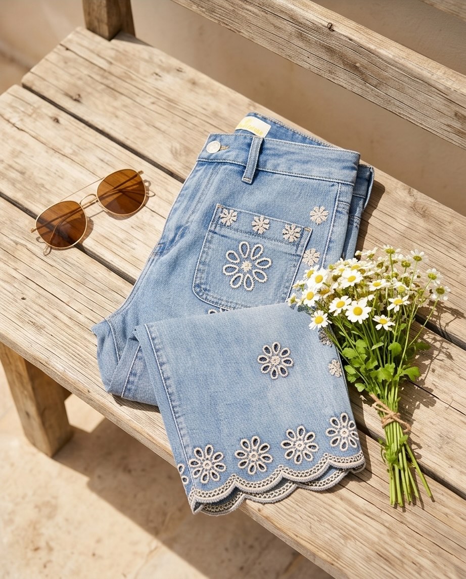 Jean Femme Évasé Brodé Marguerite – Taille Mi-Haute, Coton Stretch Confortable, Legs Larges