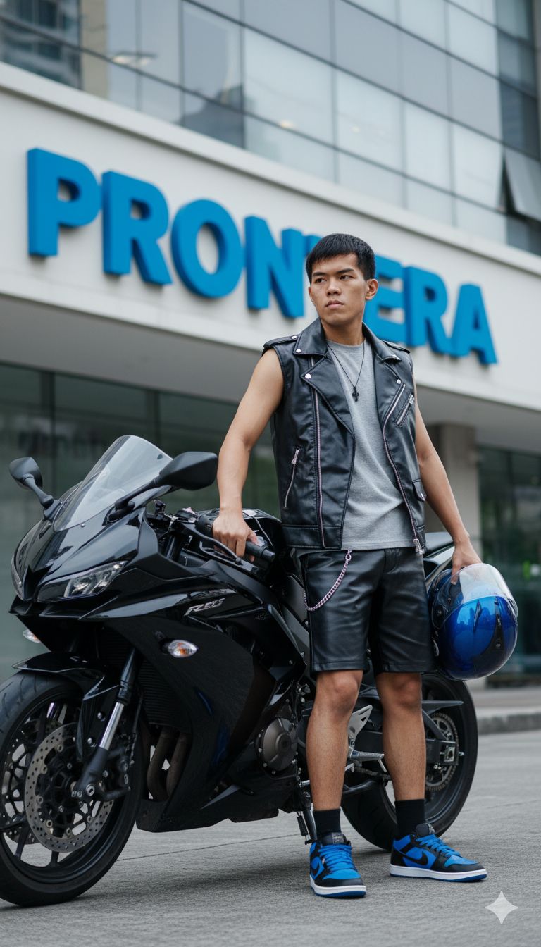 Zedrick Calleja Falzon poses with a black sport motorcycle in