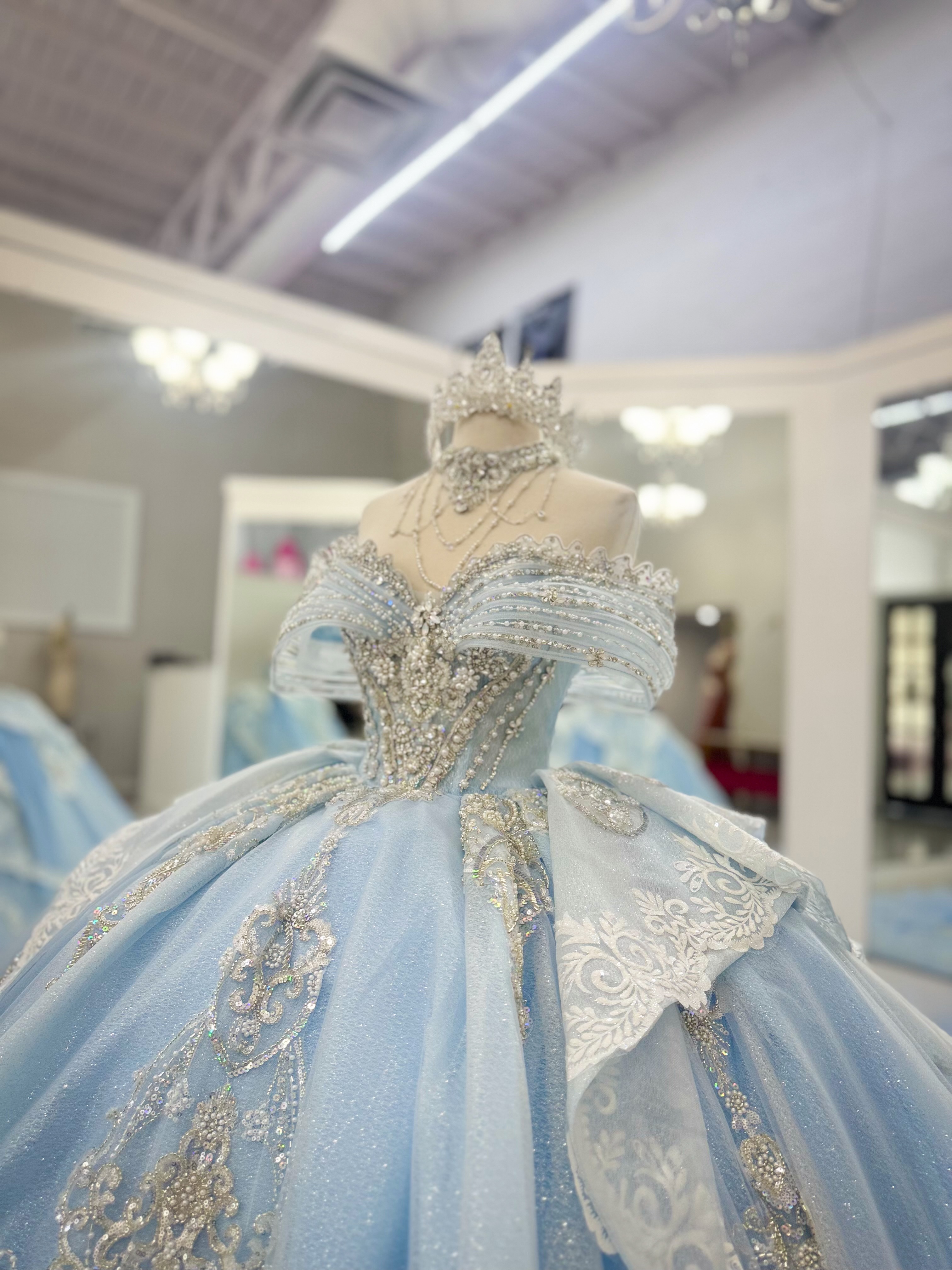 ice blue quince dresses NEW ARRIVAL 🩵✨ A true princess moment has arrived. 👑 This breathtaking -blue Quinceañera gown features sparkling silver details, an incredible dramatic train, and a show-stopping silhouette made for her grand entrance Color:Twilight Purple