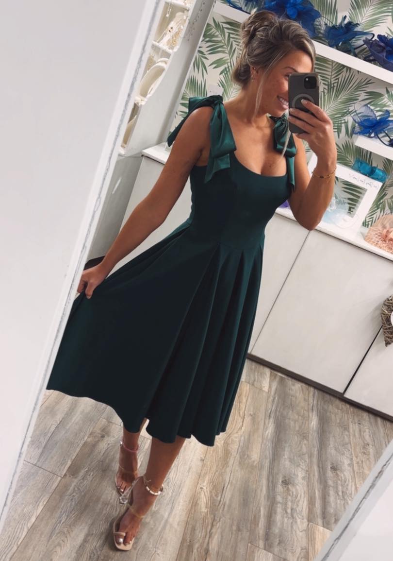 forest green swing dress midi with satin bow shoulder sage green bridesmaid dresses