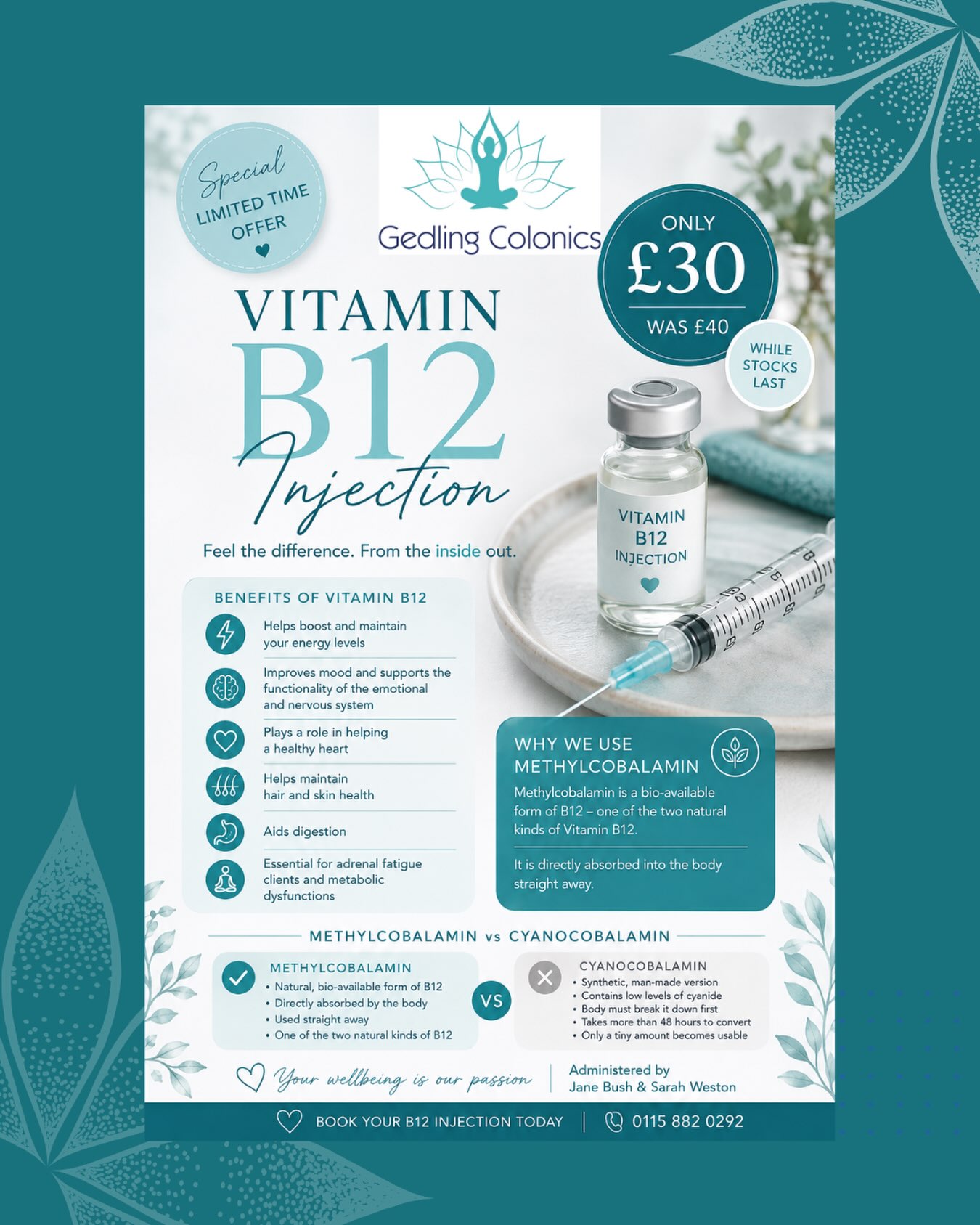 why are there variations of injection times for b12 Natural vitamin injections energy and wellbeing at Gedling Colonics Amount:5mg Cyanocobalamin B12 Injection: Energy More Energy