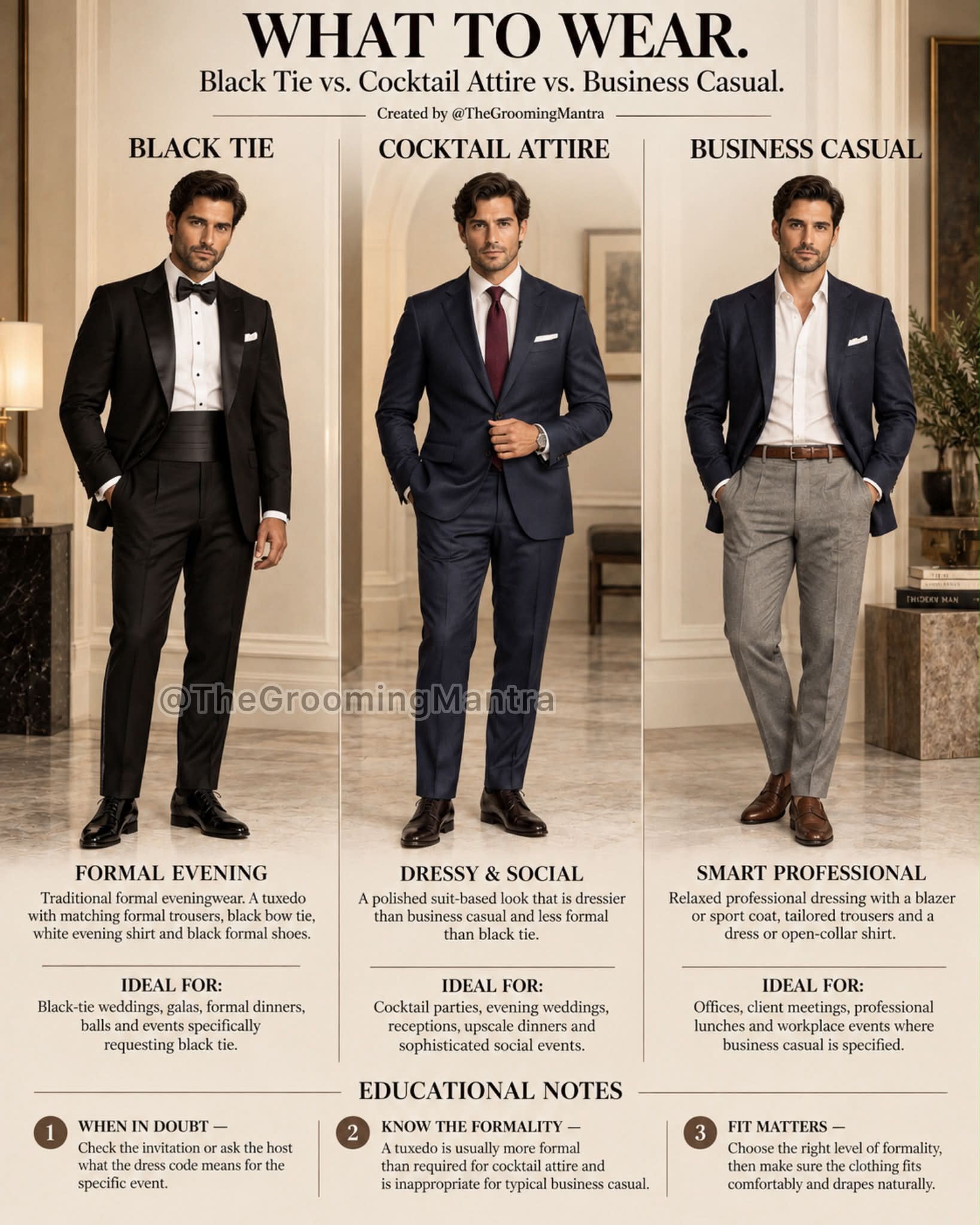 Dress codes aren't about dressing up as much as dressing appropriately for the occasion. Black Tie means formal eveningwear: a tuxedo, black bow tie, formal white shirt, and black dress shoes. Cocktail