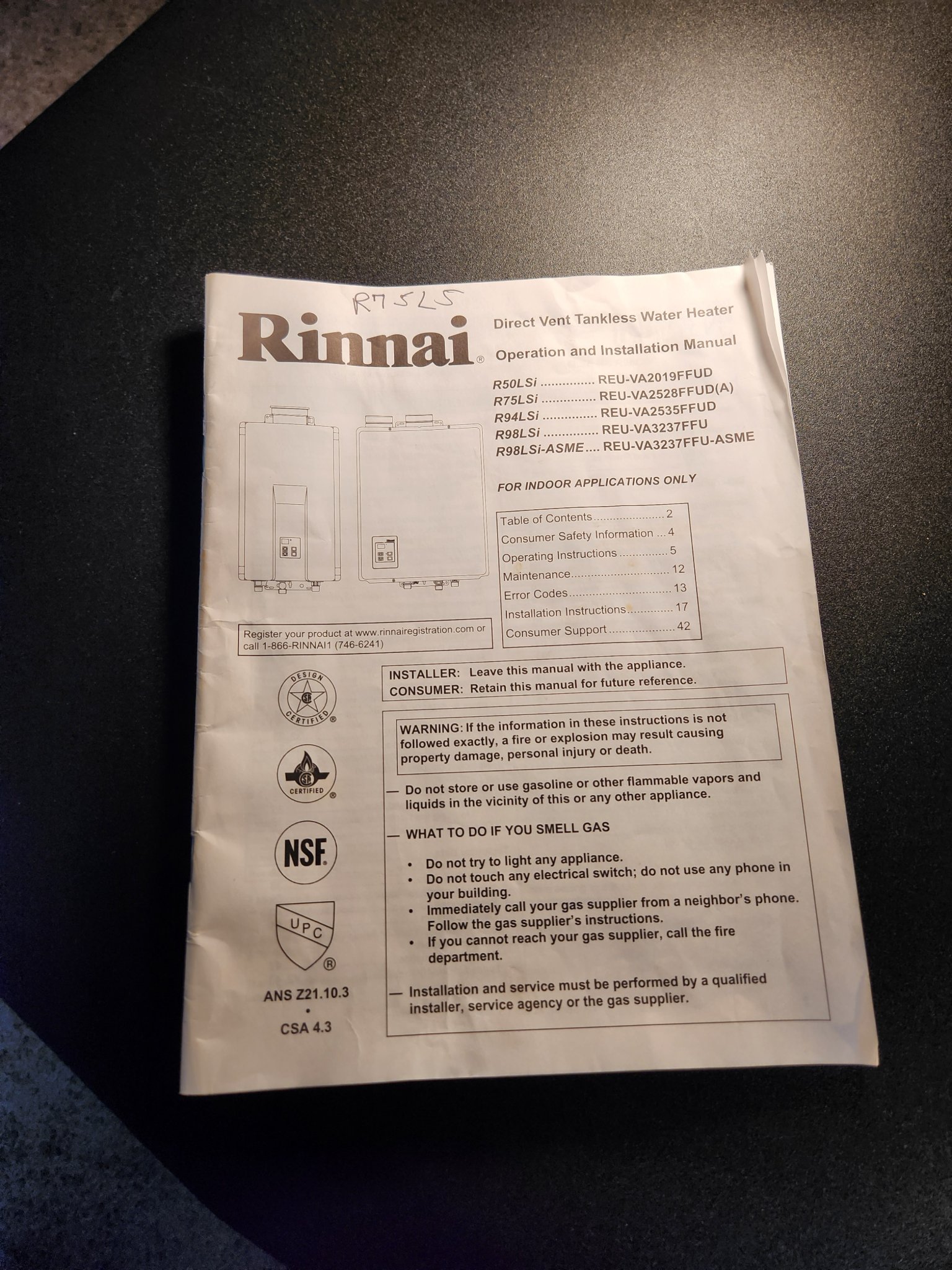 Rinnai Tankless Water Heater Model# R75LS - Space Heaters ...