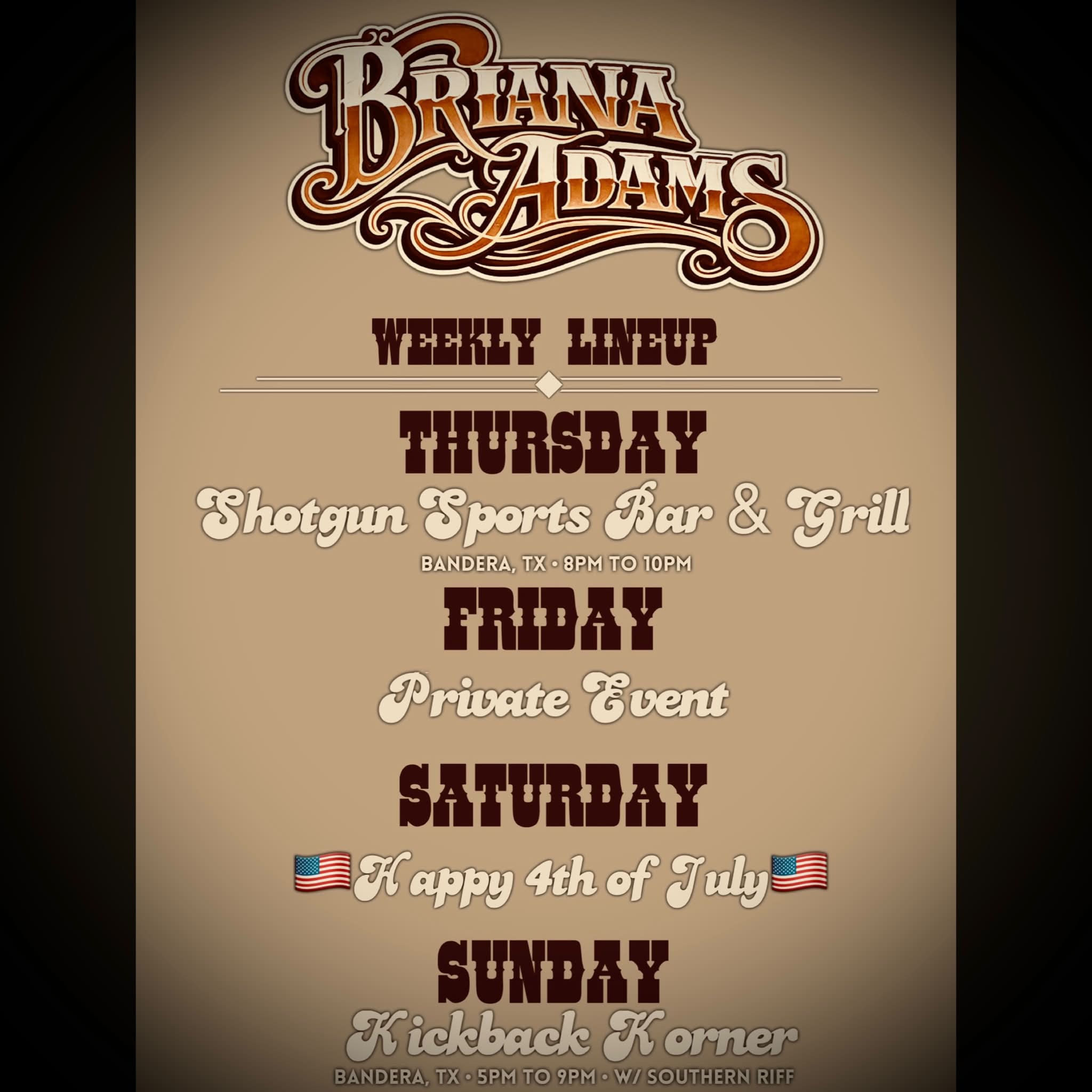 Briana Adams music weekly lineup in Bandera, TX