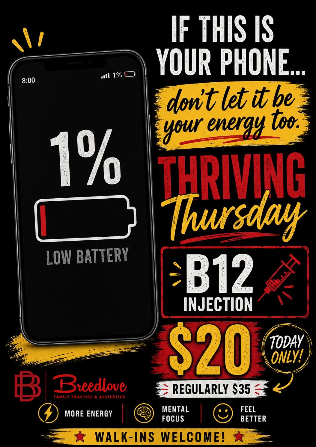 Boost energy with $20 B12 injections at Breedlove Family Practice