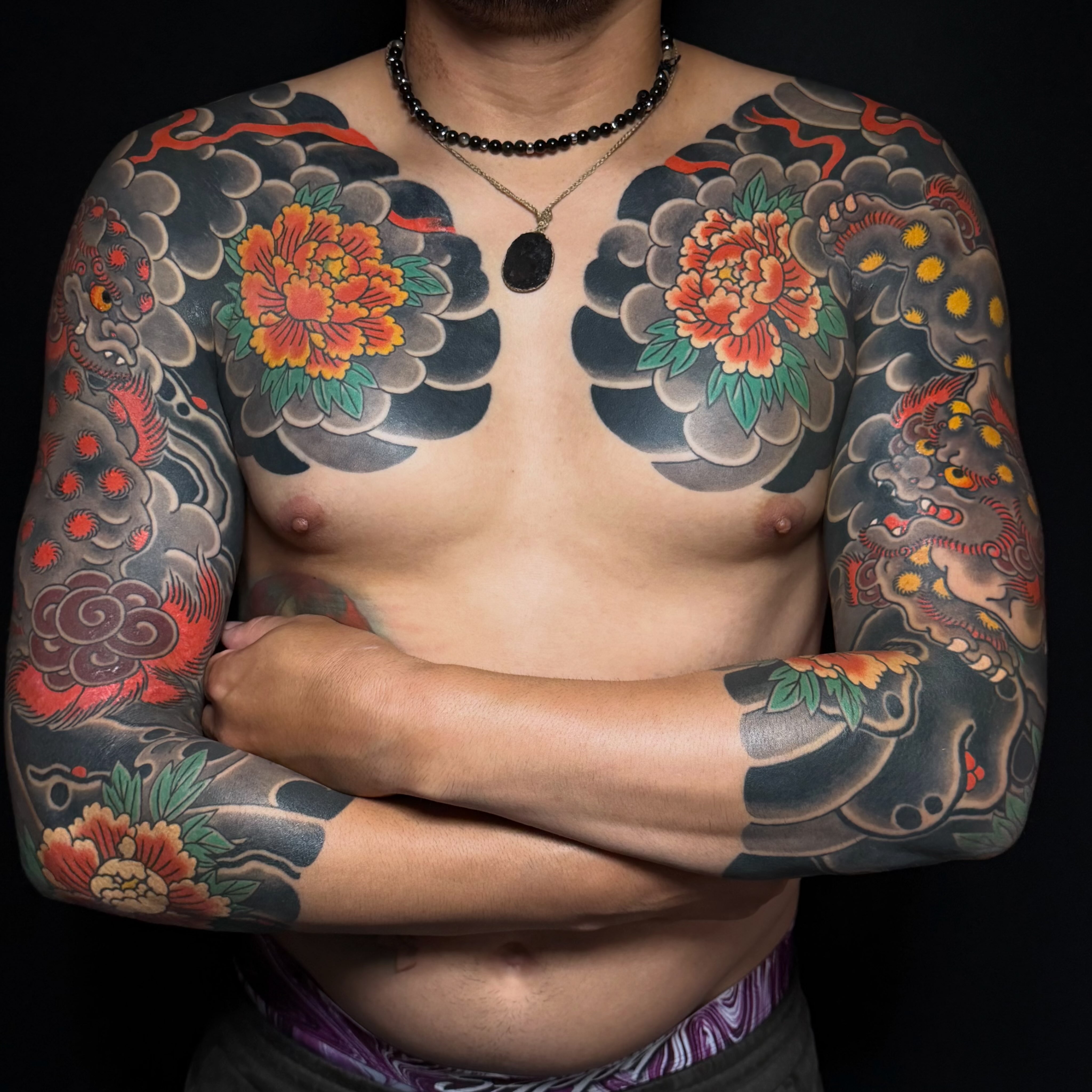 蛇と牡丹 七分かいな 完成 snake and peonies 3/4sleeve with chest