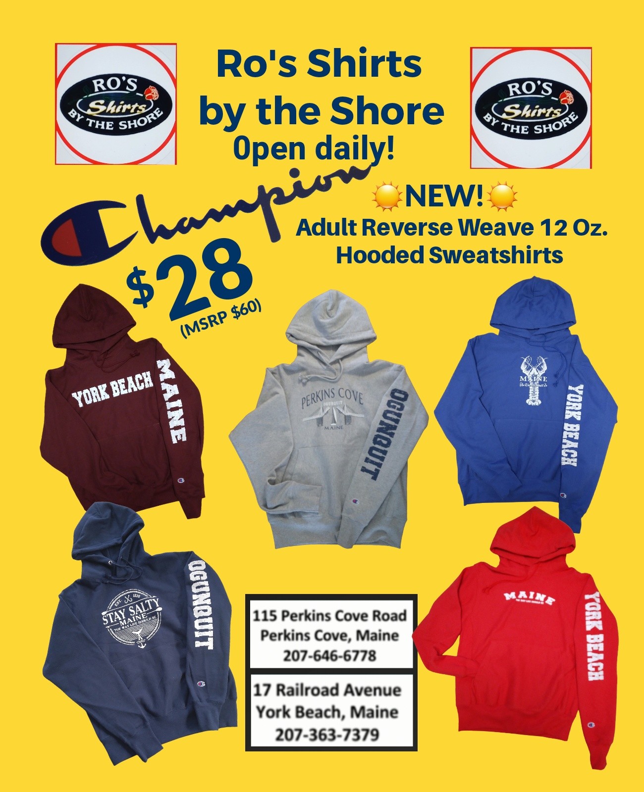 New Champion hooded sweatshirts at Ro's Shirts by the Shore