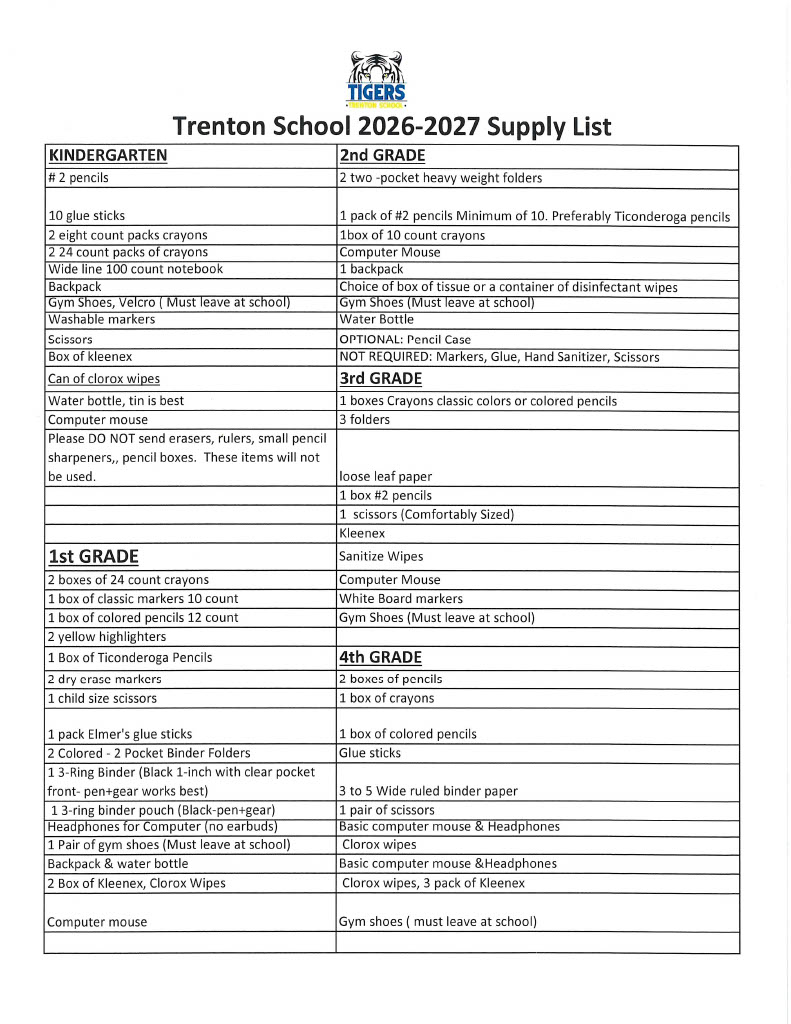 Trenton School 2026-2027 supply lists now available