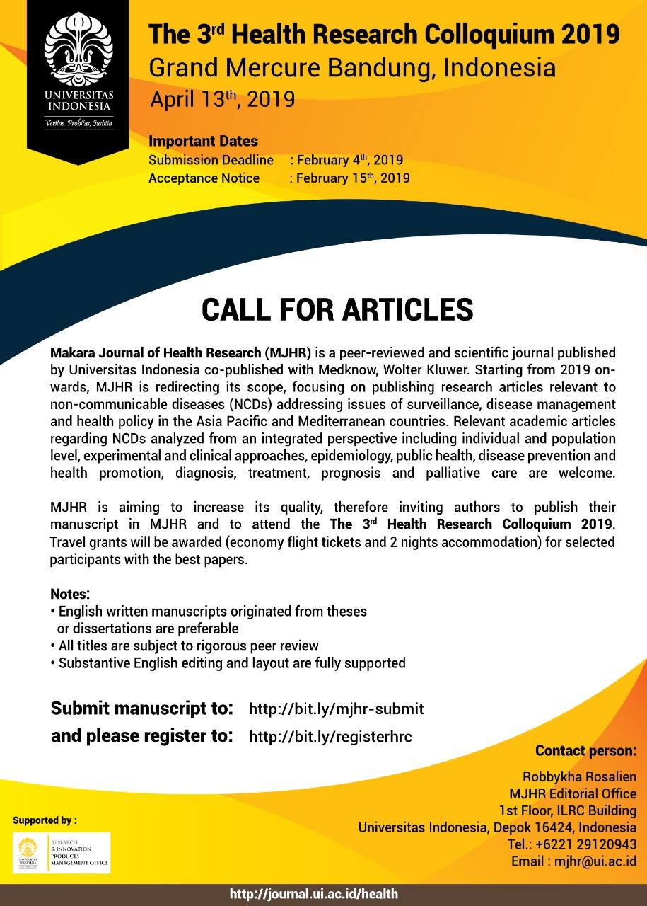 Makara Journal Of Health Research Mjhr The 3rd Health Research Colloquium 2019 Grand Mercure Bandung Indonesia April 13th 2019 Call For Articles Makara Journal Of Health Research Mjhr Is A
