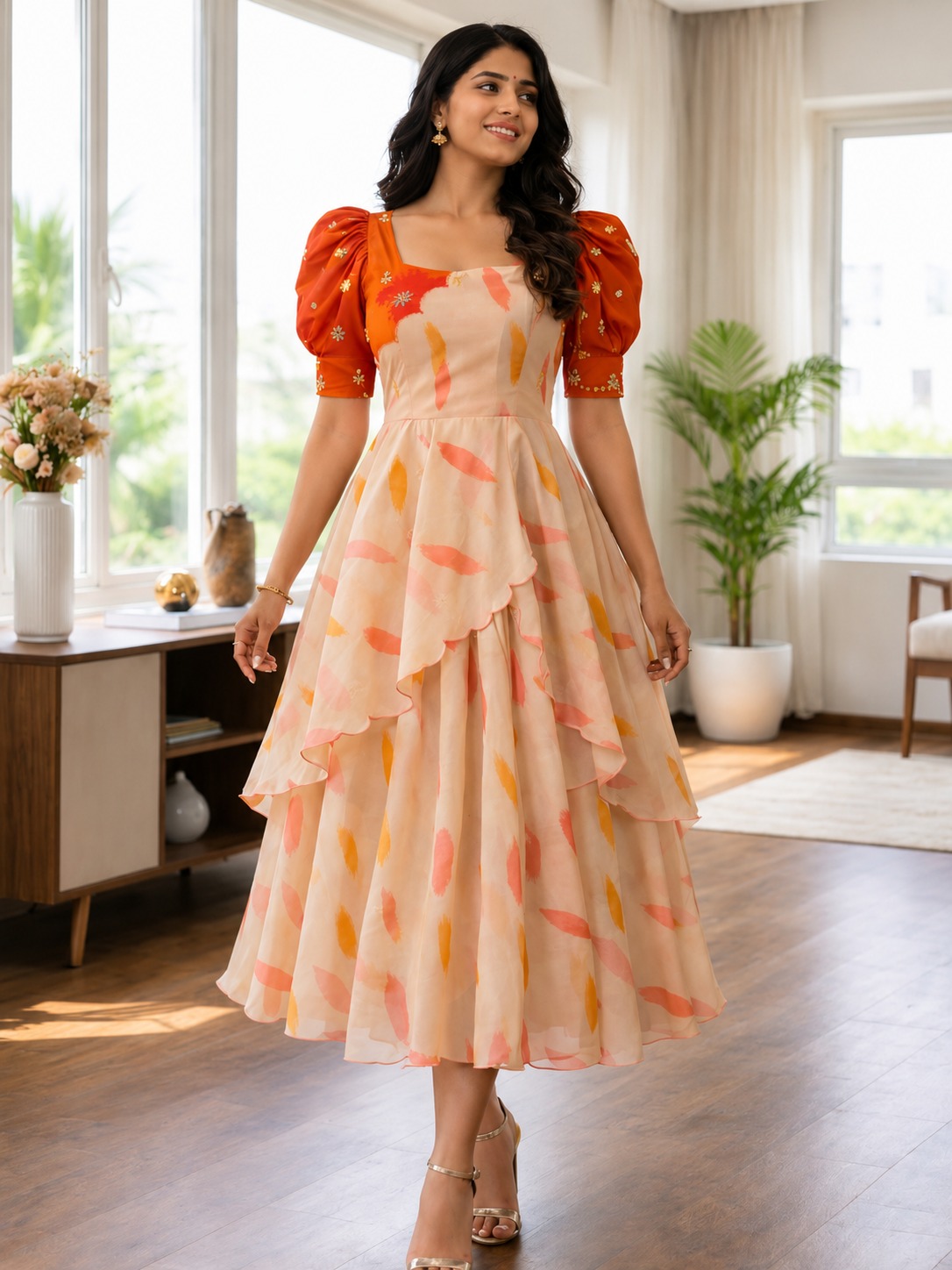 peach layered dress Tiered Dress: Enjoy a graceful look with this soft peach and beautiful floral details filter_size|38