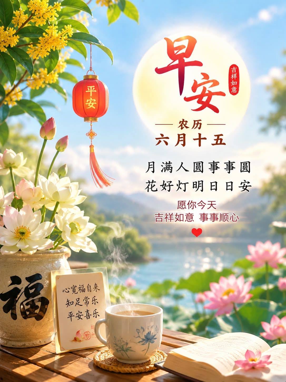 早安大家好祝福大家农历六月十五吉祥如意：阖家顺遂安康🧧