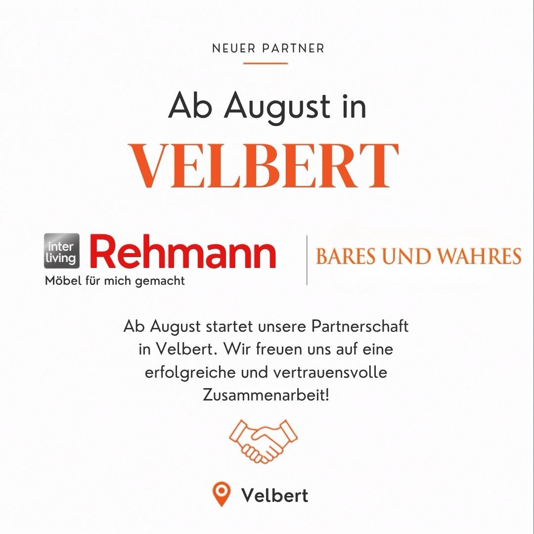 Wir freuen uns, euch mitzuteilen, dass wir ab August in Velbert aktiv sein werden! Gemeinsam mit unserem neuen Partner, dem Möbelhaus Rehmann, bringen wir unsere Expertise direkt zu euch. Auf eine ins