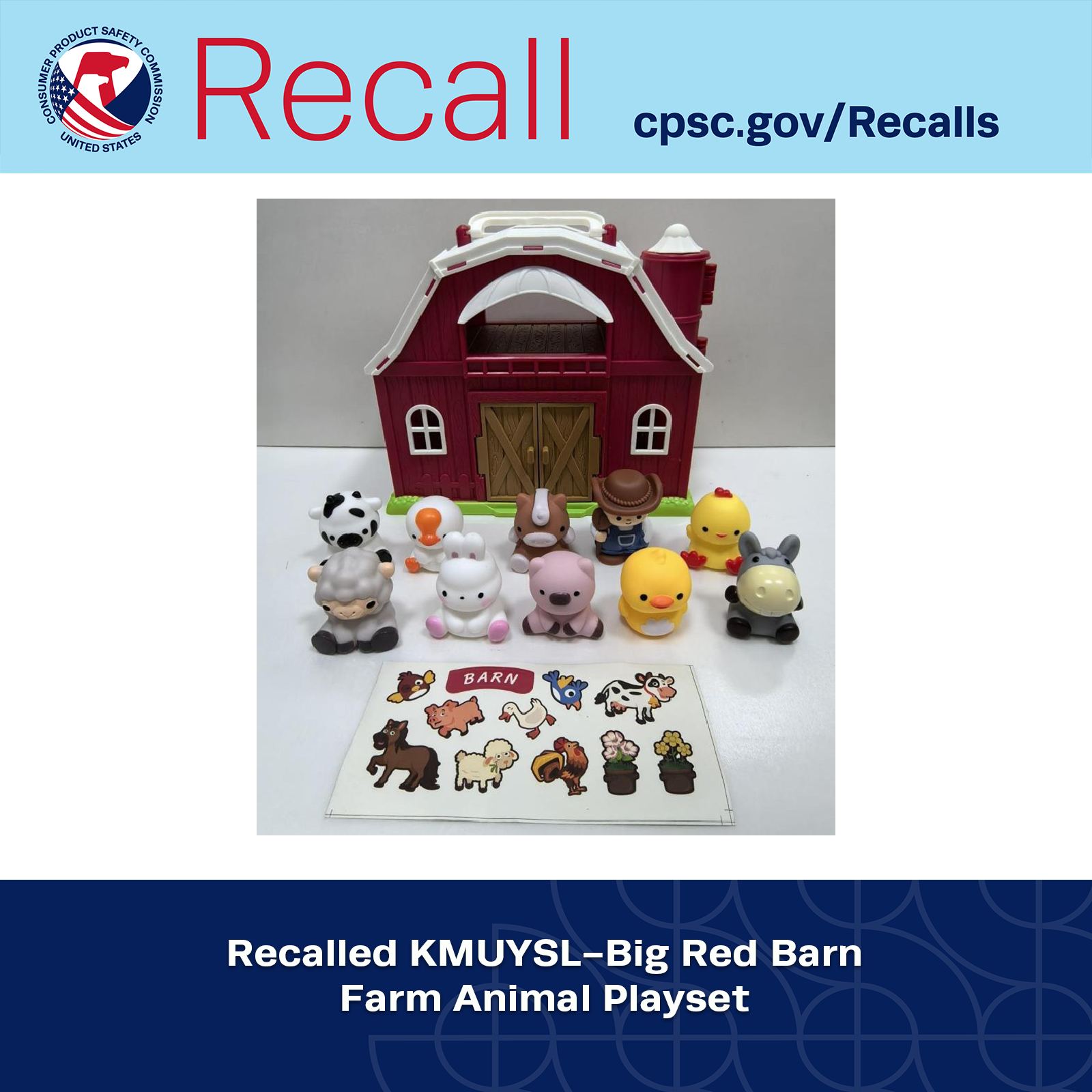 KMUYL Big Red Barn Farm Animal Playsets recalled due to choking hazard