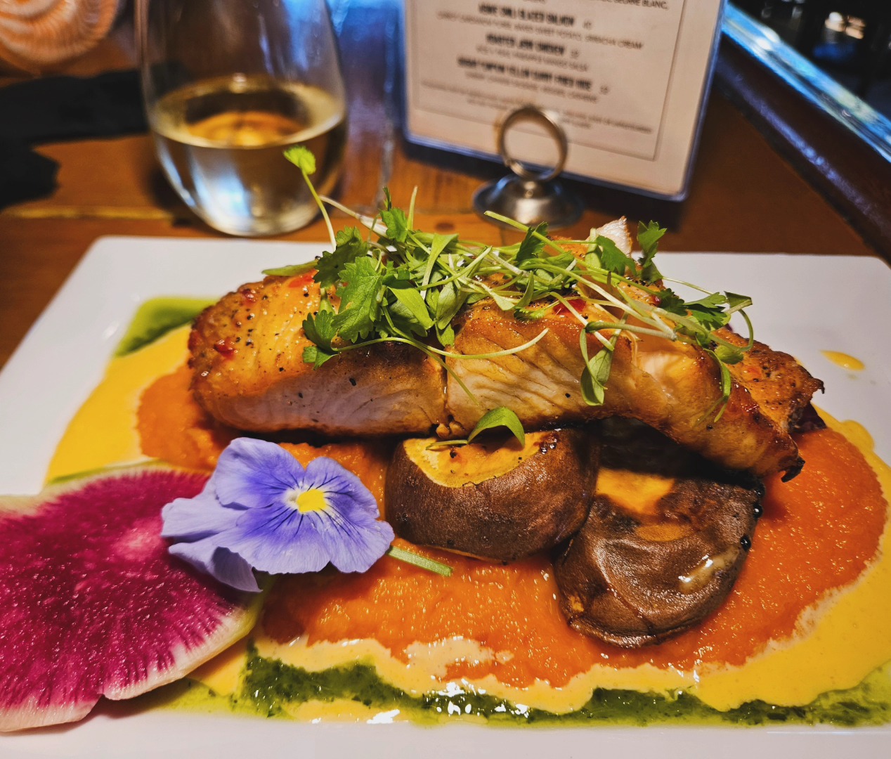 agave chili glazed salmon: carrot cardamom puree, baked sweet 