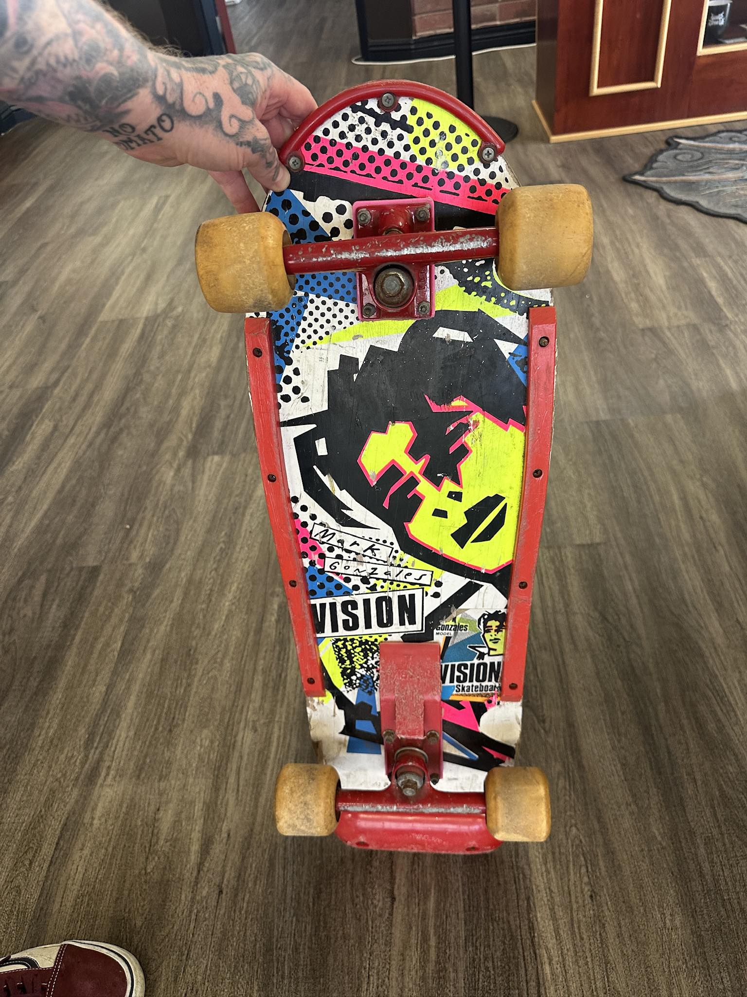 Vintage skateboards from the 80s, including Vision Street Ghost