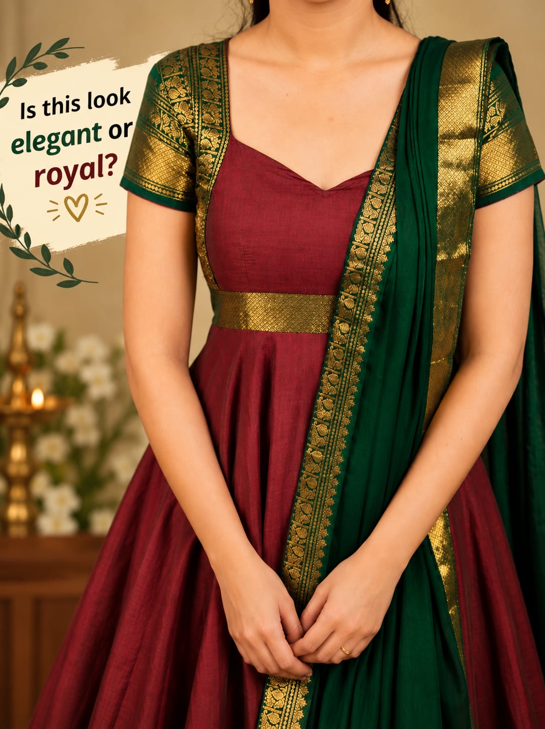Is this look elegant or royal? 💚✨ The deep maroon dress and rich green dupatta create a beautiful traditional look. The gold border adds a festive touch that makes the outfit stand