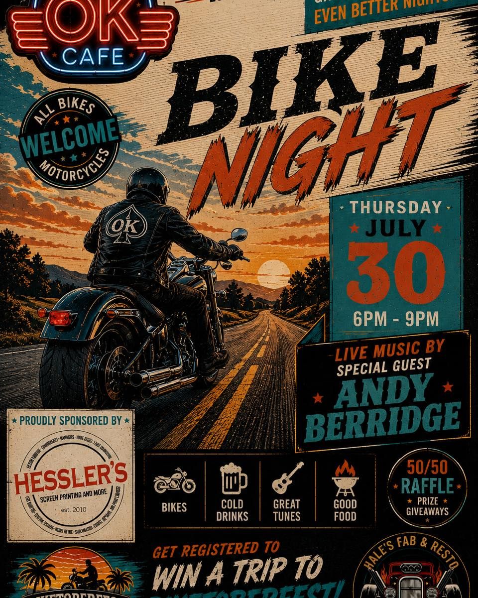 🎸TOMORROW NIGHT! 🏍️ BIKE NIGHT at OK Café !!!!!!🏍️ Thursday 7