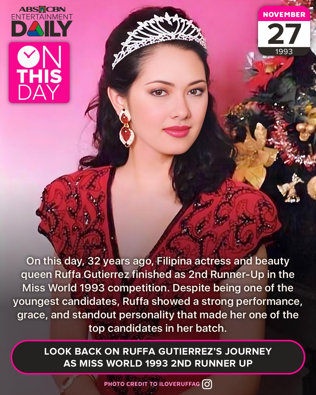 ABS-CBN - ON THIS DAY: Ruffa Gutierrez wins Miss World 1993 2nd Runner ...