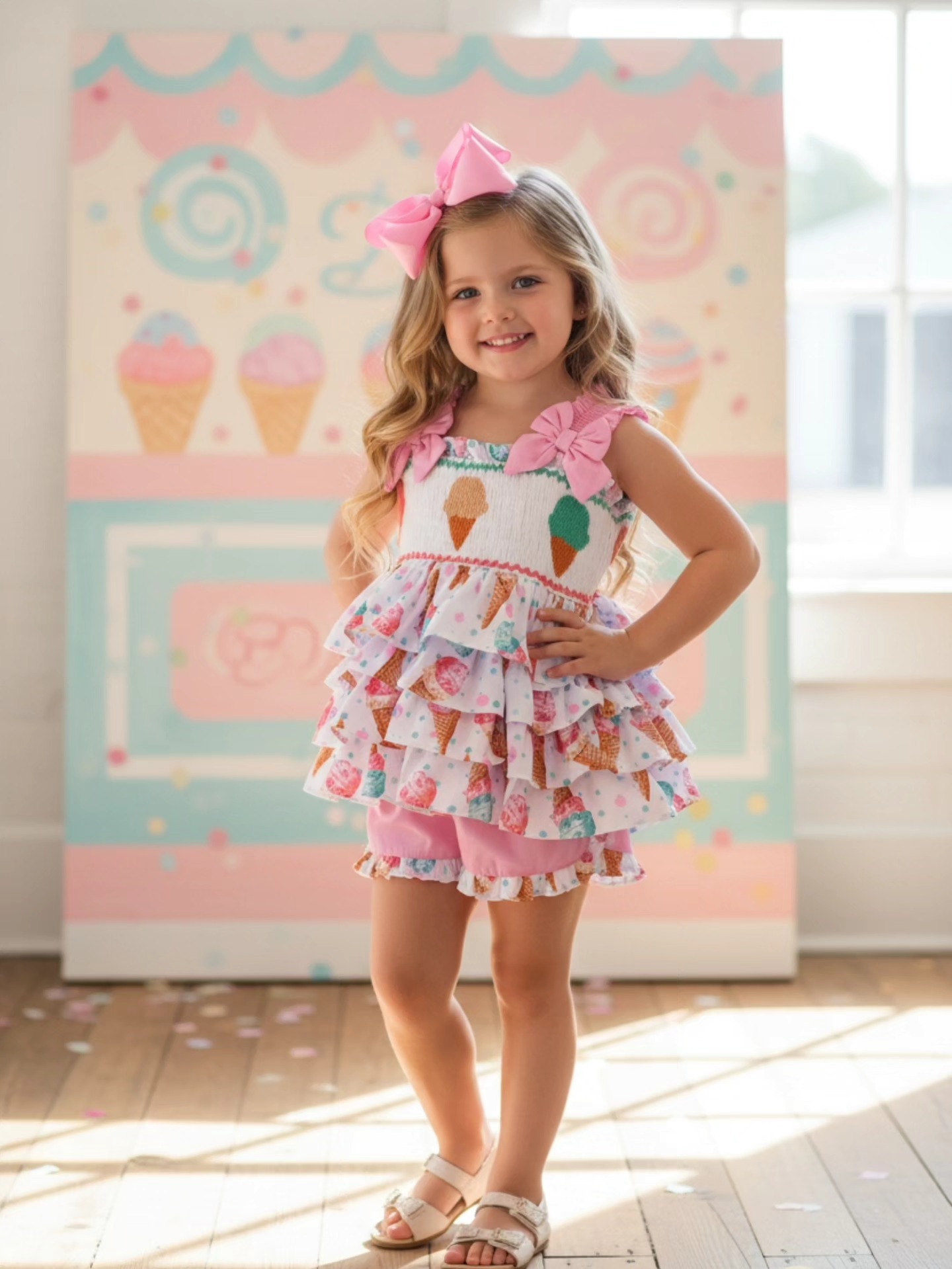 Ocean - Ocean Baby Girls Icecream Ruffle Smocked Shorts Set (12M-8Y)🩷 £40.00🩷 Www.oceanbaby.co.uk💙