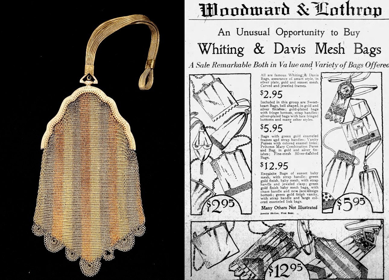 Vintage Whiting & Davis 'Sunset Mesh' bag and 1925 advertisement