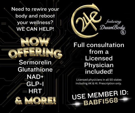 Having trouble with sleep? Weight loss? Energy? Hormones? We can help! We've teamed up with DreamBody Rx and now you can get HRTs (for men and women), GLP-1s NAD+, Sermorelin and more!