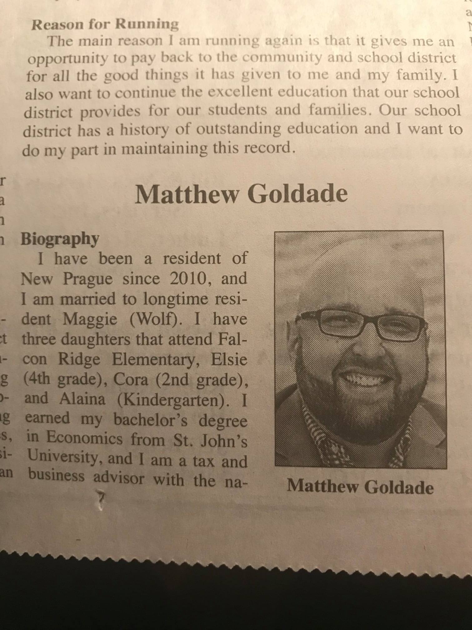 Vote Matt Goldade for School Board | New Prague MN