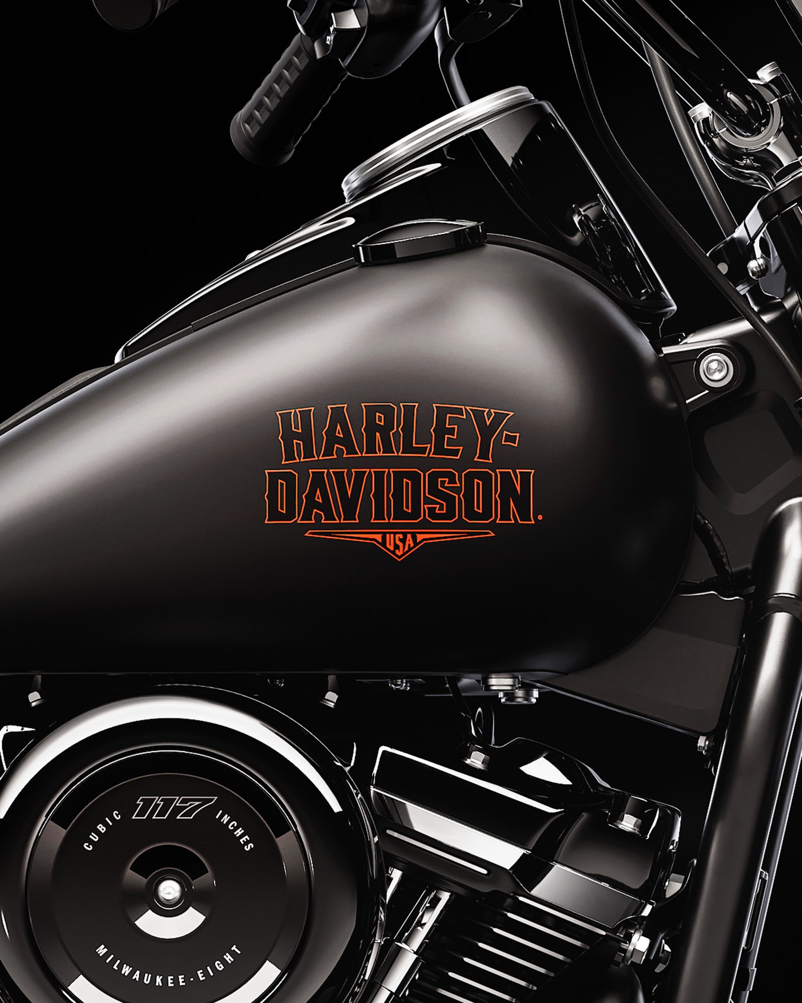 Denim Black paint, orange tank graphics, black tubeless laced