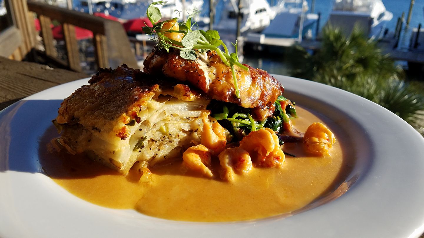 Boshamps Oyster House - Pan-roasted local golf grouper black truffle ...