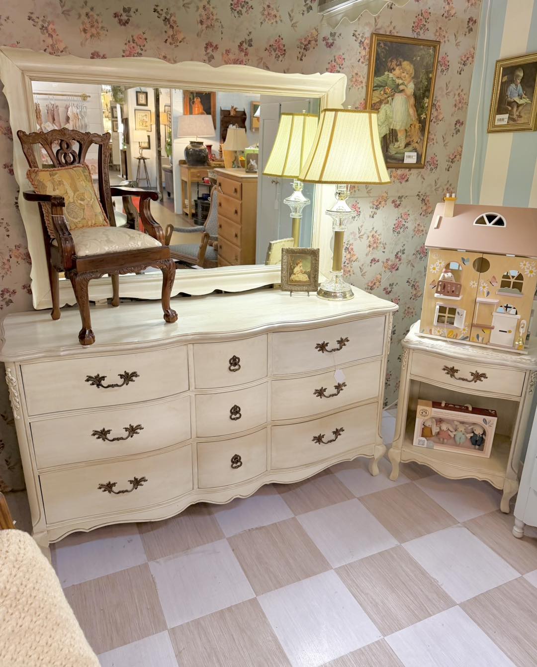 french ivory dresser set Just hit the floor in Littlest Mossy Lane! 🩷 -A beautiful, vintage Provincial bedroom in a cream/ivory finish. The set includes a dresser, mirror, and nightstand. -The sweetest wicker furniture dixie yellow french provincial bedroom furniture 1970