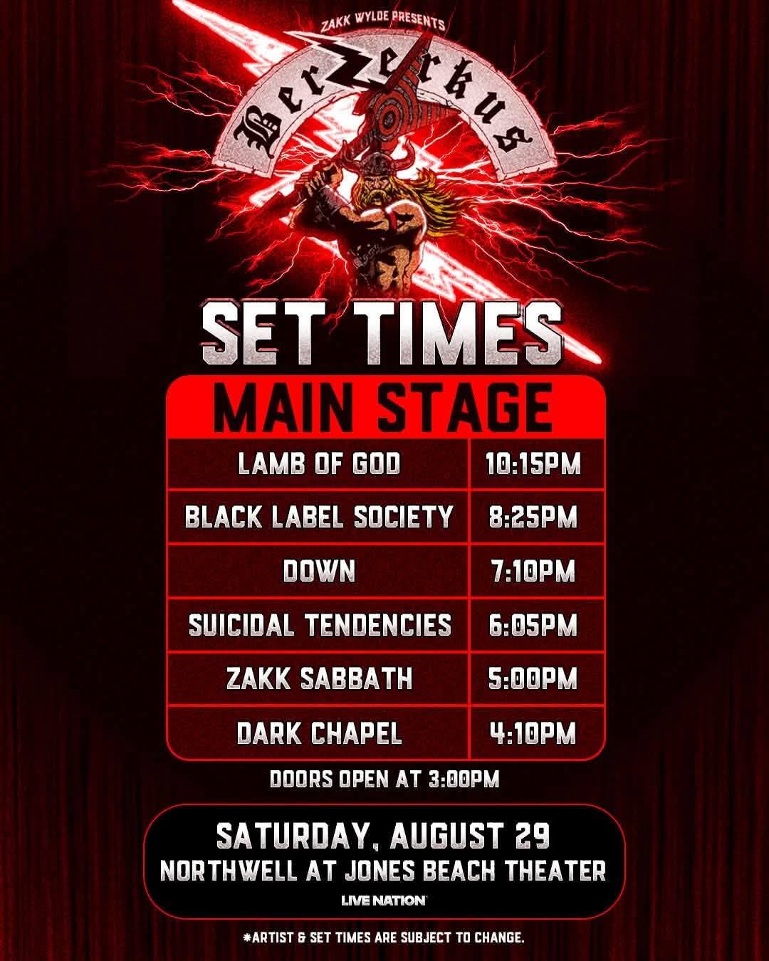 Zakk Wylde Berzerkus Fest 2026 schedules for both shows #zakkwylde