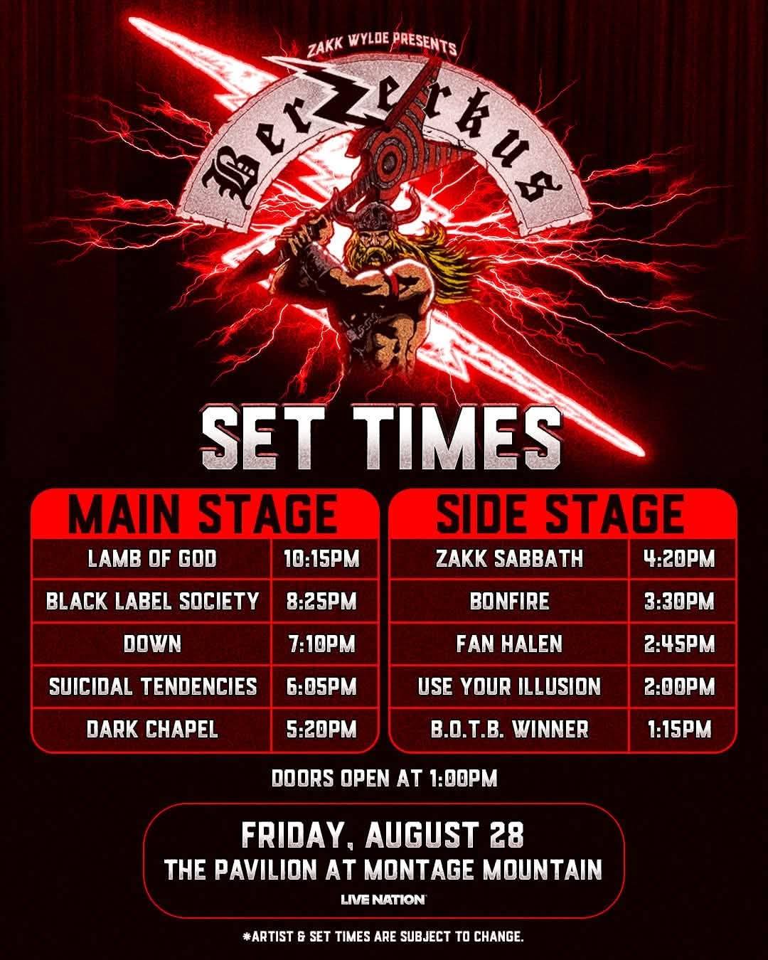 Zakk Wylde Berzerkus Fest 2026 schedules for both shows #zakkwylde