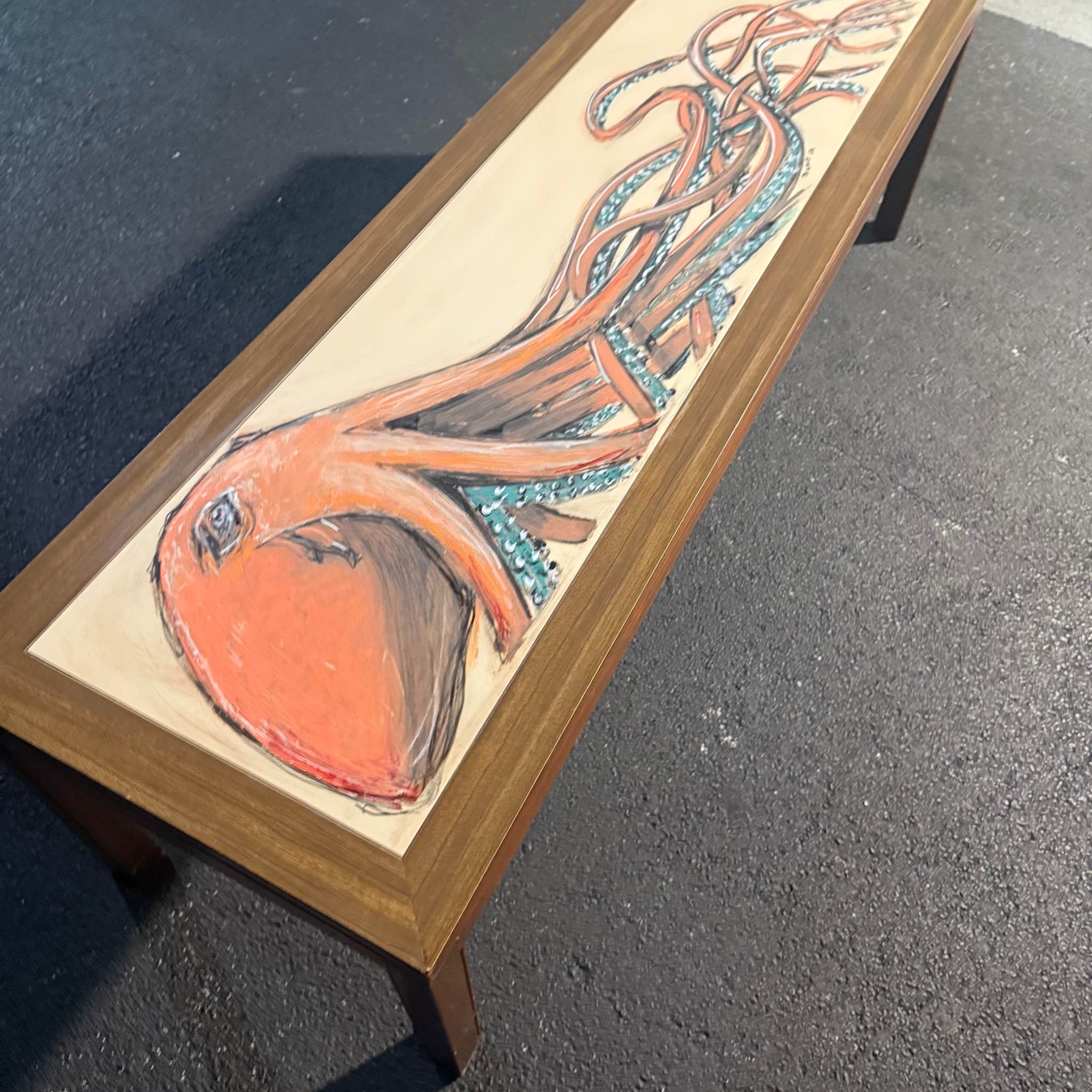 Wooden Coffee Table With Inlaid Laminate top and hand painted octopus ...