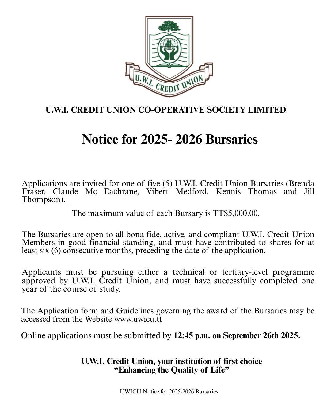 📣UWICU Notice for 2025-2026 Bursary... - U.W.I Credit Union | Facebook