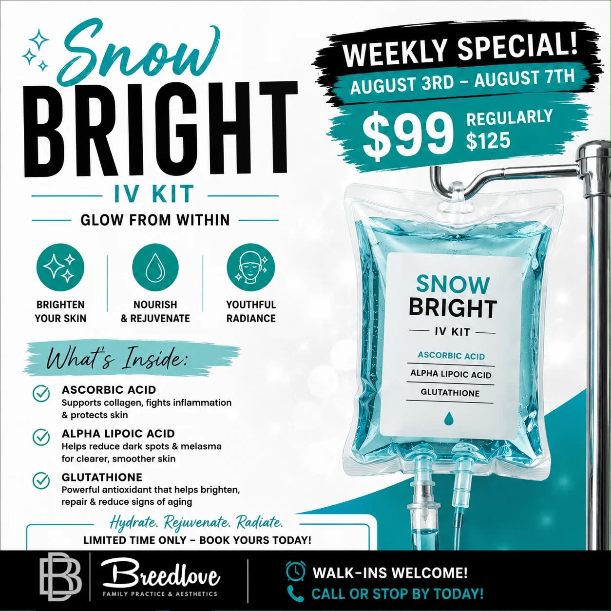 Snow Bright IV kit for glowing skin at $99