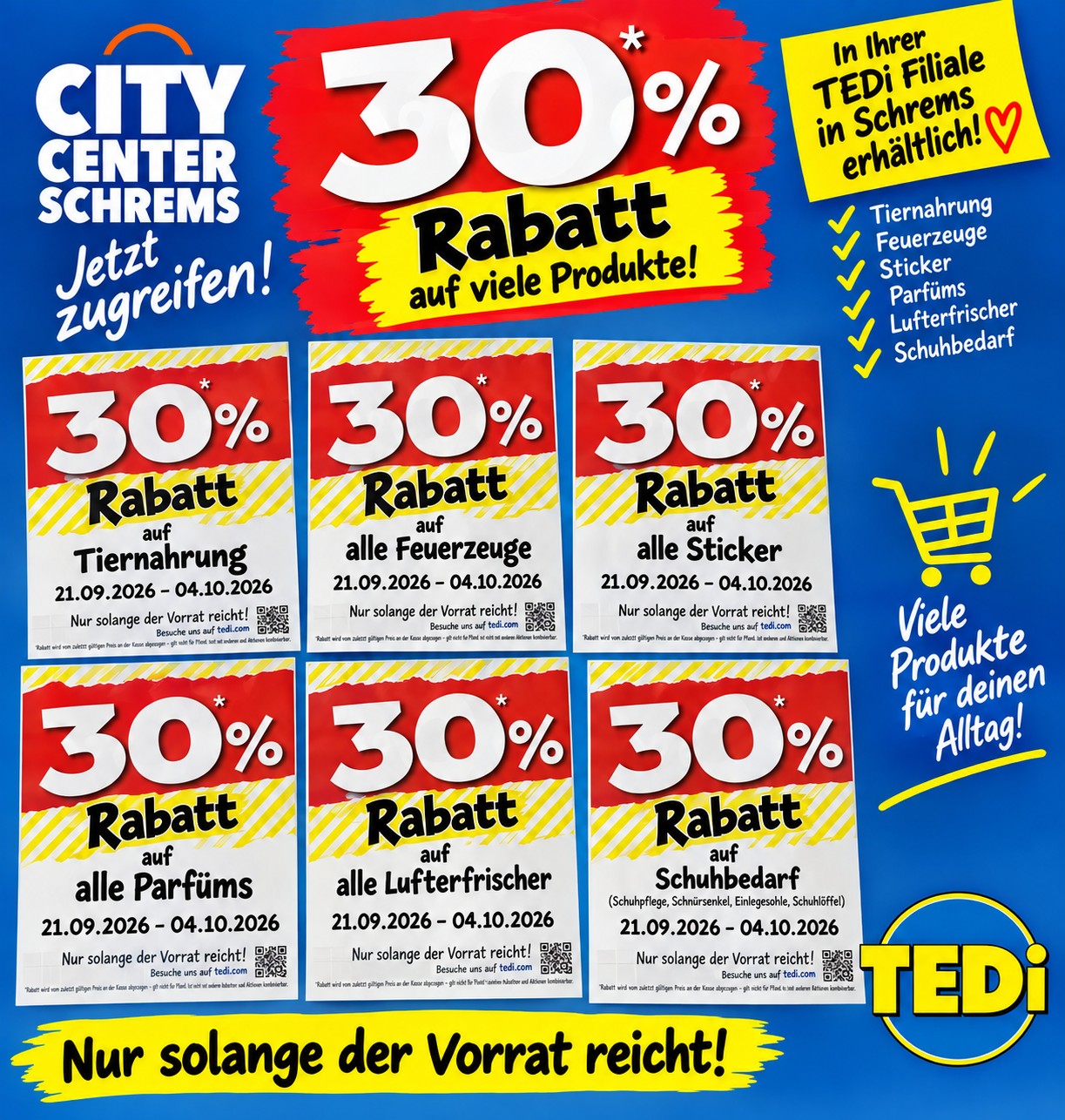 🎉 JETZT 30 % SPAREN! 🎉 In unserer TEDi Filiale warten tolle Rabatte auf euch! 🛍️ Sichert euch 30 % Rabatt auf ausgewählte Artikel aus den Bereichen Tiernahrung, Feuerzeuge, Sticker, Parfüms, Lufterfrischer