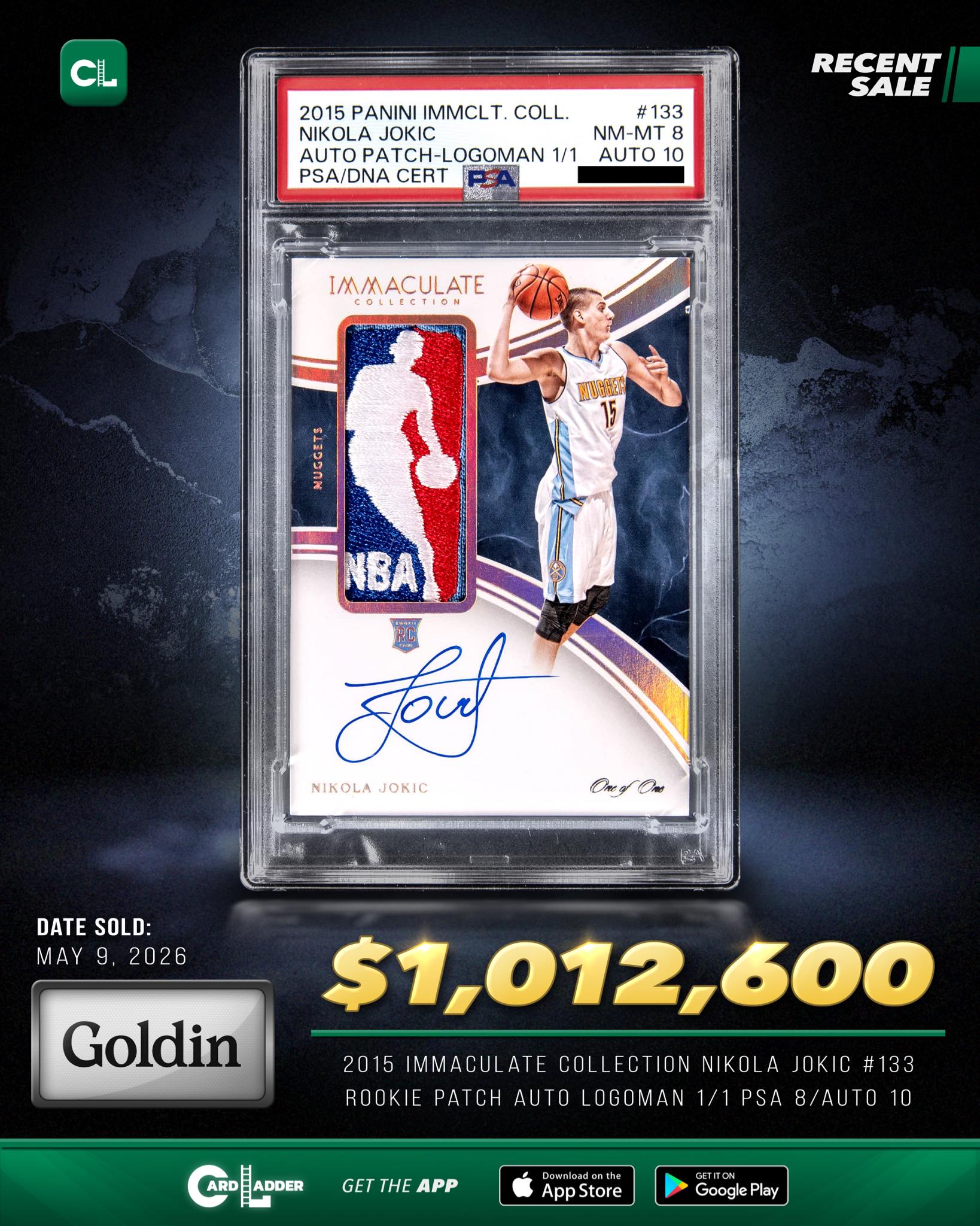 Nikola Jokic rookie patch autograph logoman sold for $1,012,600